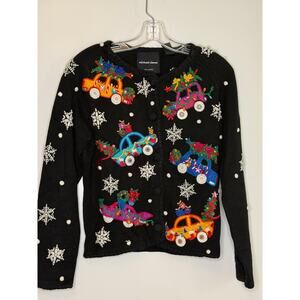 Michael Simon Christmas Cars Cardigan Sweater Women's Small Vintage
